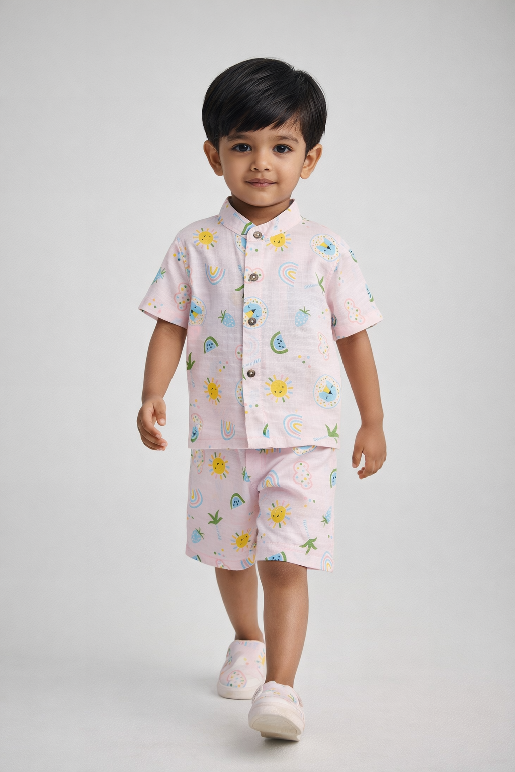 Kids Cotton Shirt and Shorts Co-Ord Set with Mandarin Collar – Comfortable Casual Outfit-TLB2668