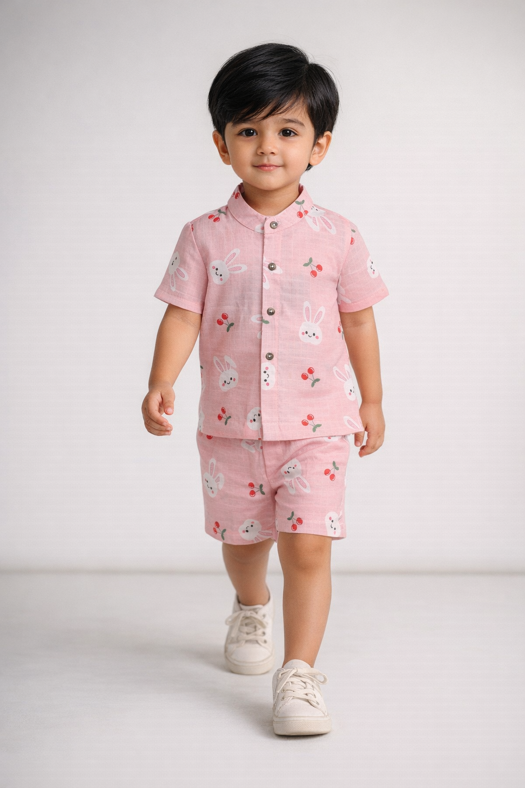 Boys Pink Bunny &amp; Cherry Print Cotton Shirt and Shorts Co-Ord Set-TLB2666