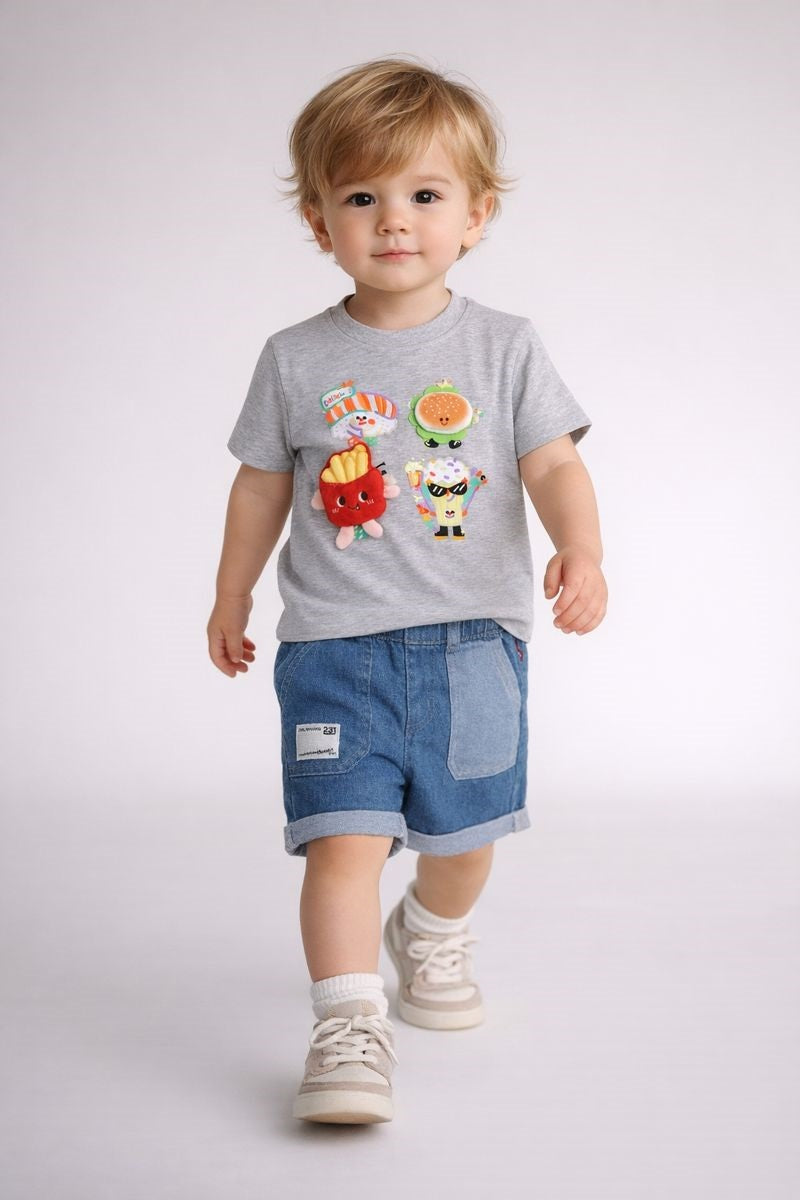 Boys Cute Food Cartoon Printed T-Shirt with Denim Shorts Set