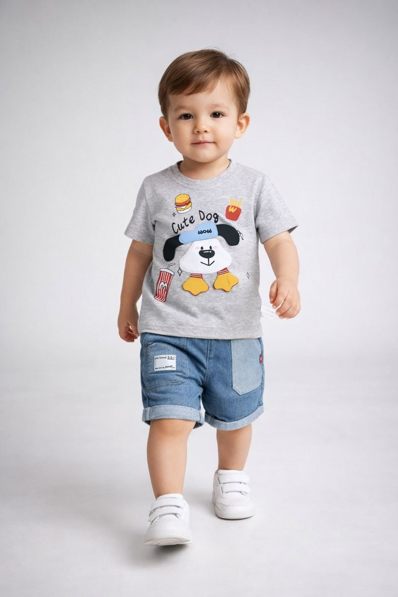 Baby Boys Cute Dog Printed T-Shirt with Denim Shorts Set