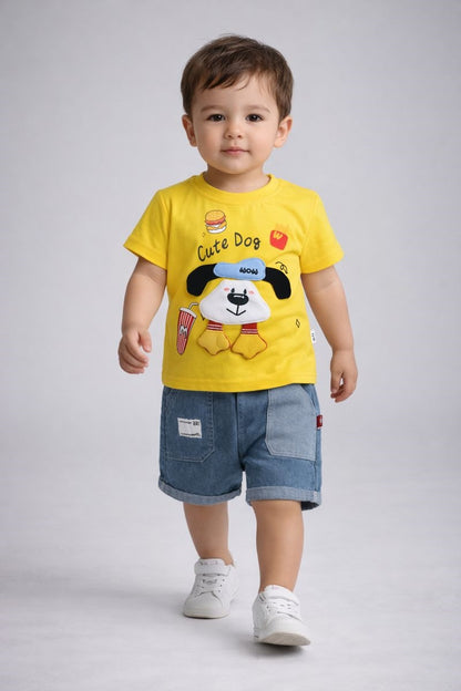Baby Boys Cute Dog Printed T-Shirt with Denim Shorts Set