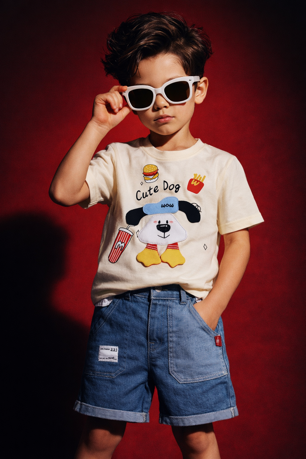 Baby Boys Cute Dog Printed T-Shirt with Denim Shorts Set