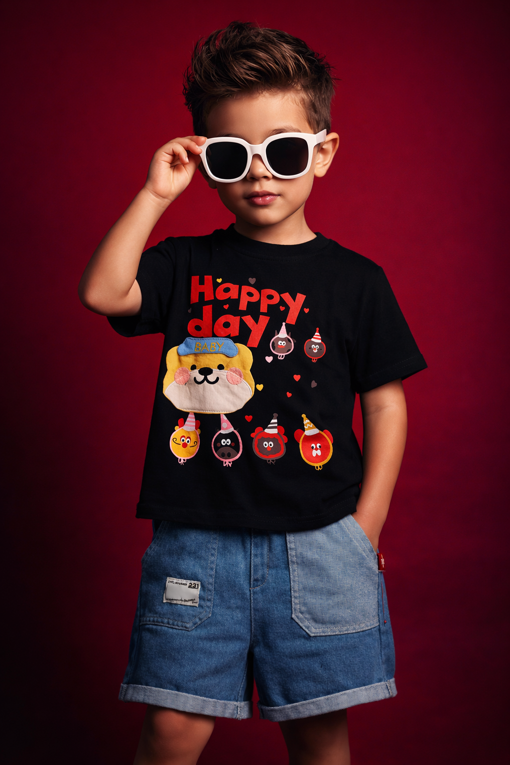 Boys Happy Day Cartoon Printed T-Shirt with Denim Shorts Set