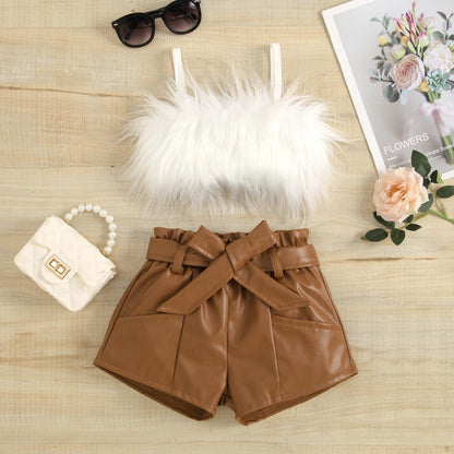 Girls Fluffy Top With Faux Leather Shorts Set