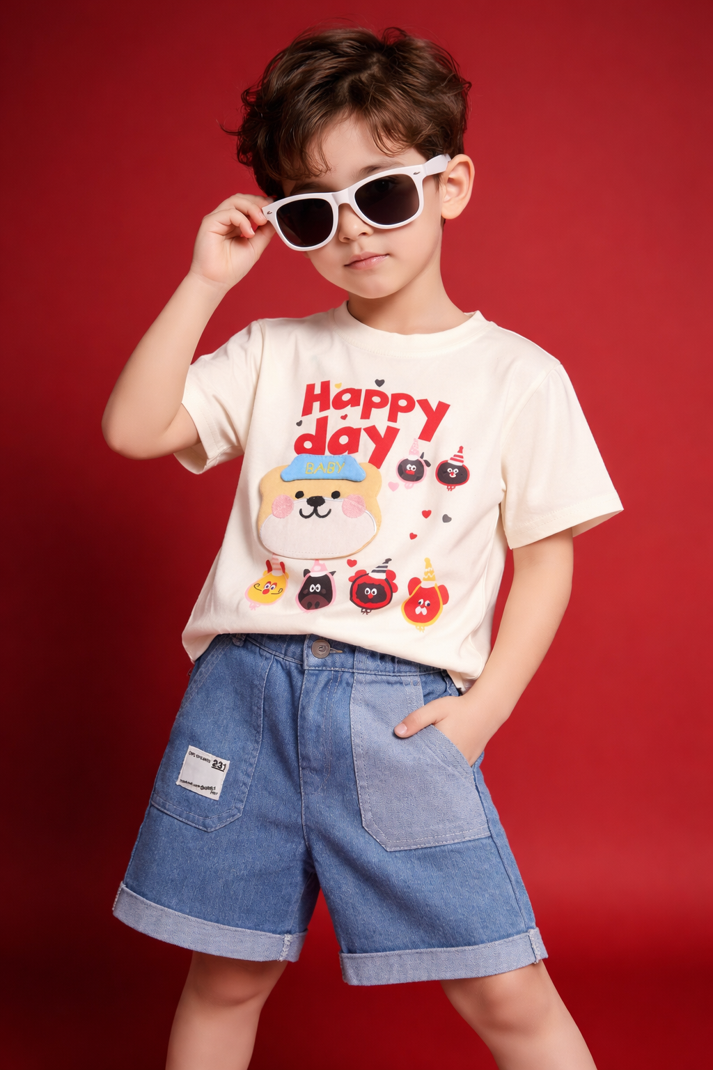 Boys Happy Day Cartoon Printed T-Shirt with Denim Shorts Set