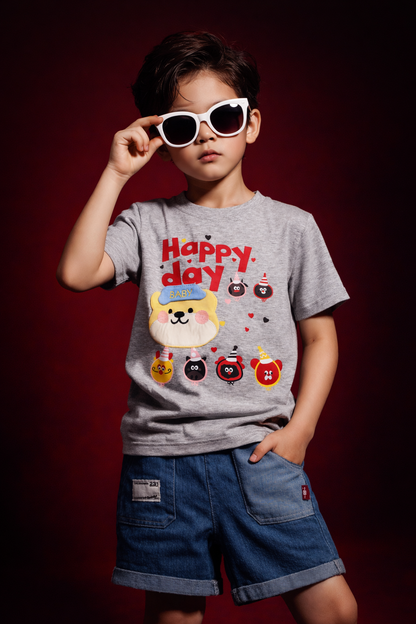 Boys Happy Day Cartoon Printed T-Shirt with Denim Shorts Set