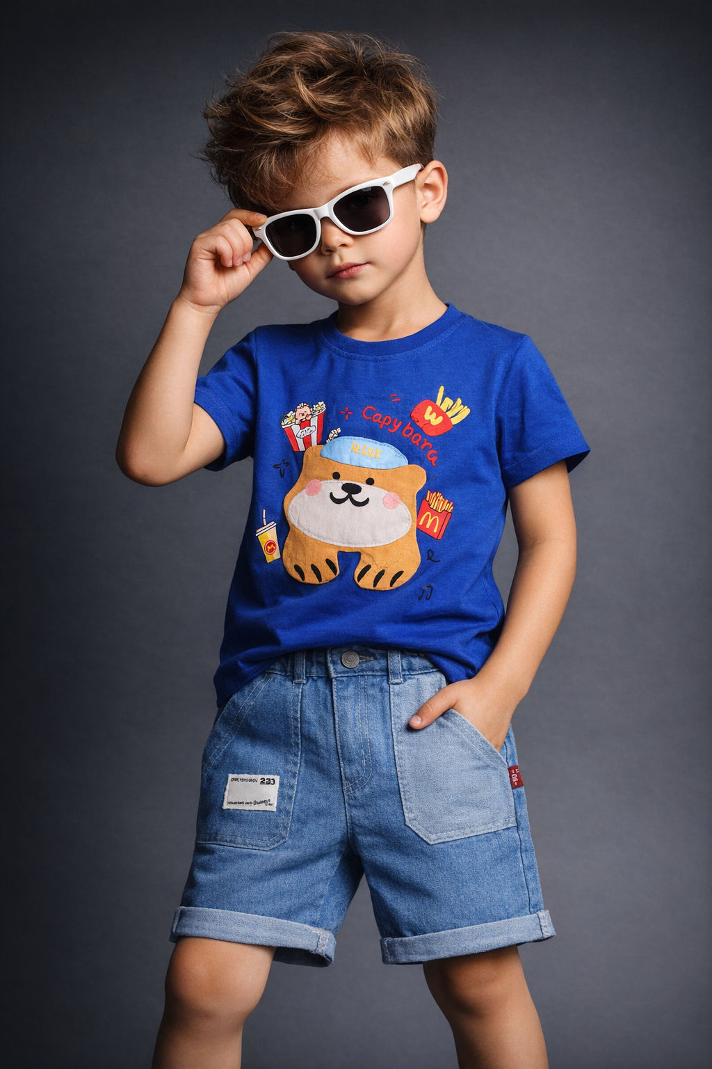 Boys Cartoon Capybara Printed T-Shirt with Denim Shorts Set