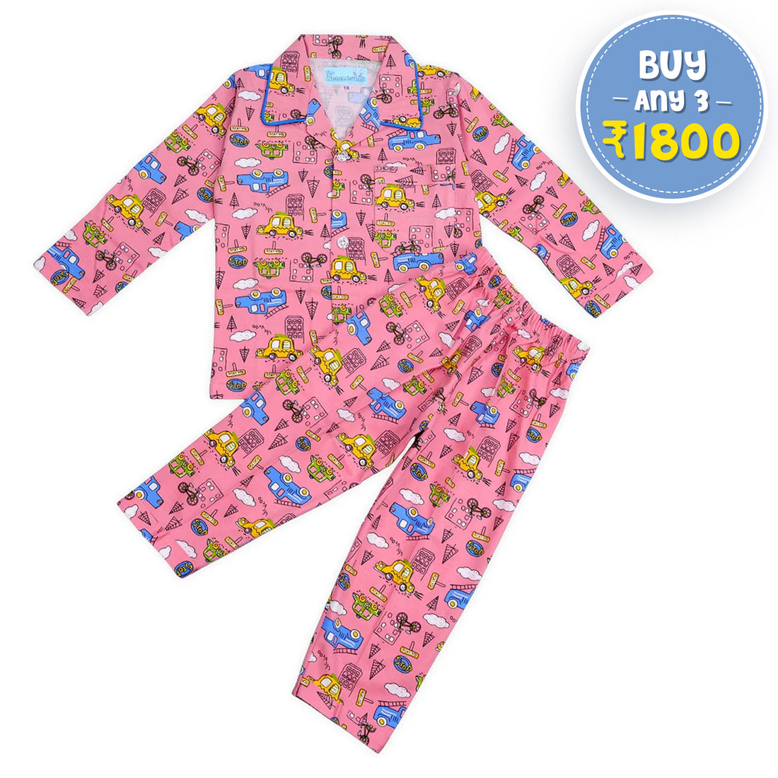 Front Open Night Suit with Car print