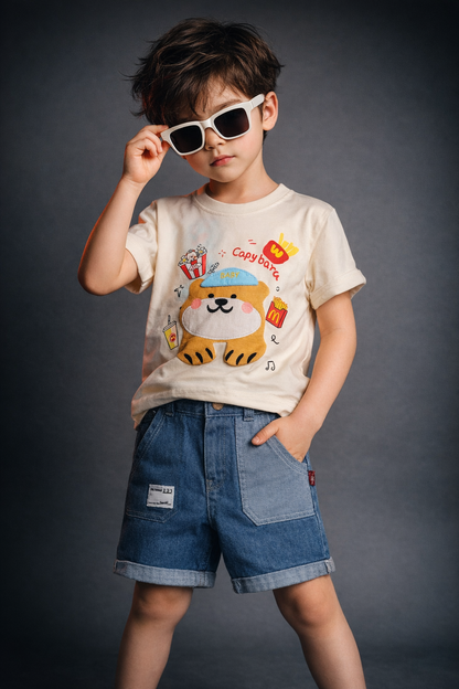 Boys Cartoon Capybara Printed T-Shirt with Denim Shorts Set