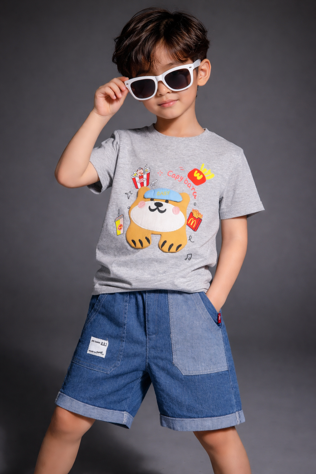 Boys Cartoon Capybara Printed T-Shirt with Denim Shorts Set