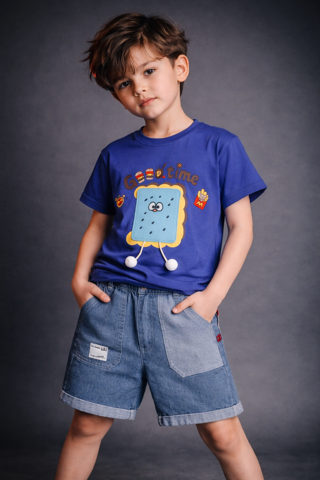 Boys Cool Time Cartoon Printed T-Shirt with Denim Shorts Set