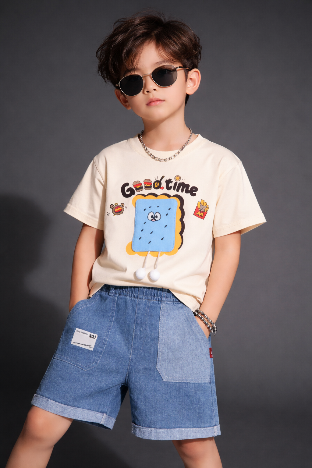 Boys Cool Time Cartoon Printed T-Shirt with Denim Shorts Set