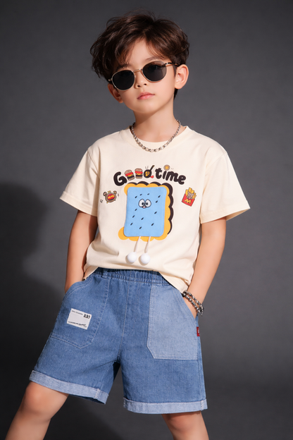 Boys Cool Time Cartoon Printed T-Shirt with Denim Shorts Set