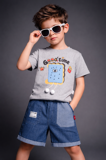 Boys Cool Time Cartoon Printed T-Shirt with Denim Shorts Set