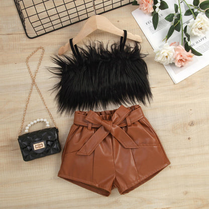 Girls Fluffy Top With Faux Leather Shorts Set