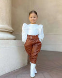 Girls Top with Faux Leather Trousers Set