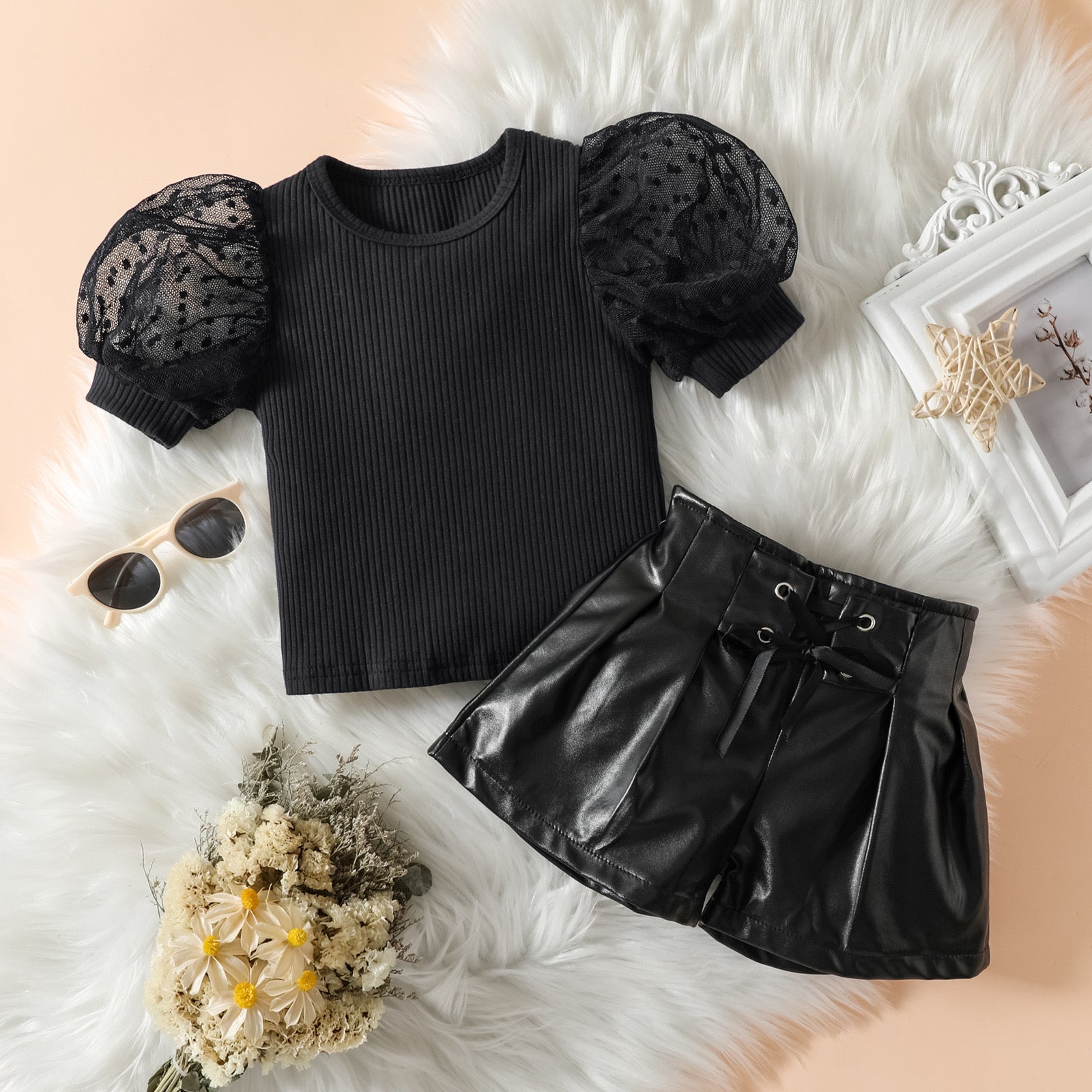 Girls Top & Faux Leather Shorts Set