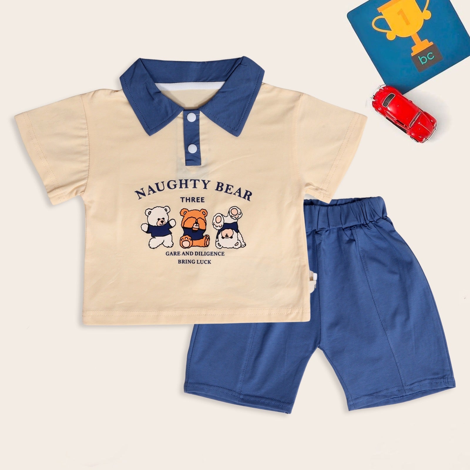 Bear Collared T-shirt & Shorts Set