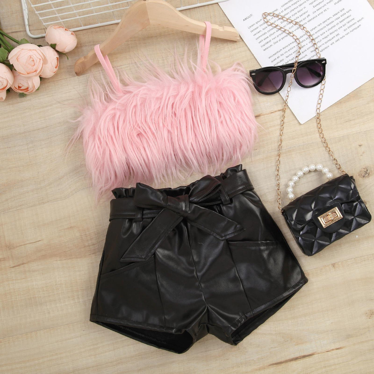 Girls Fluffy Top With Faux Leather Shorts Set