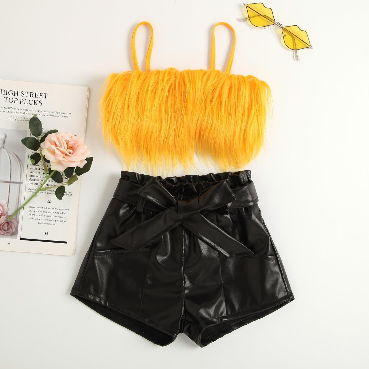 Girls Fluffy Top With Faux Leather Shorts Set