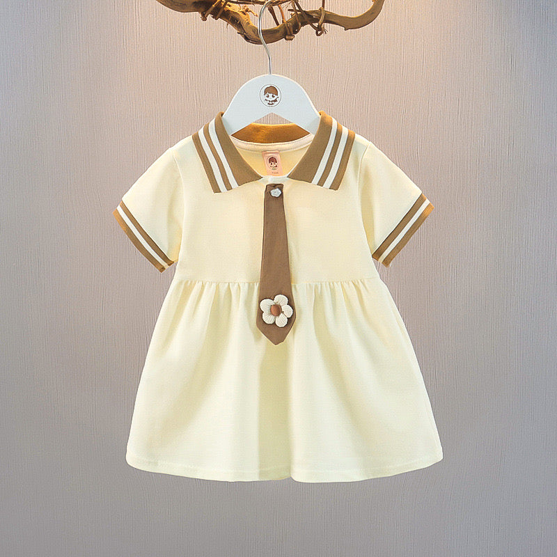 Collared Dress With Flower Appliqué Tie