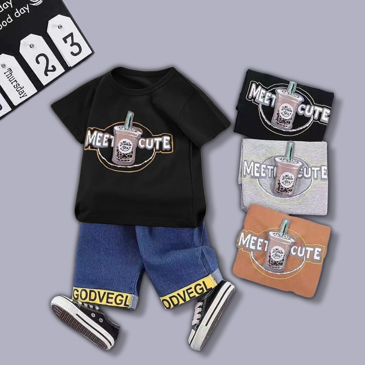 Boba Tea Boys T-Shirt &amp; Denim Shorts Set