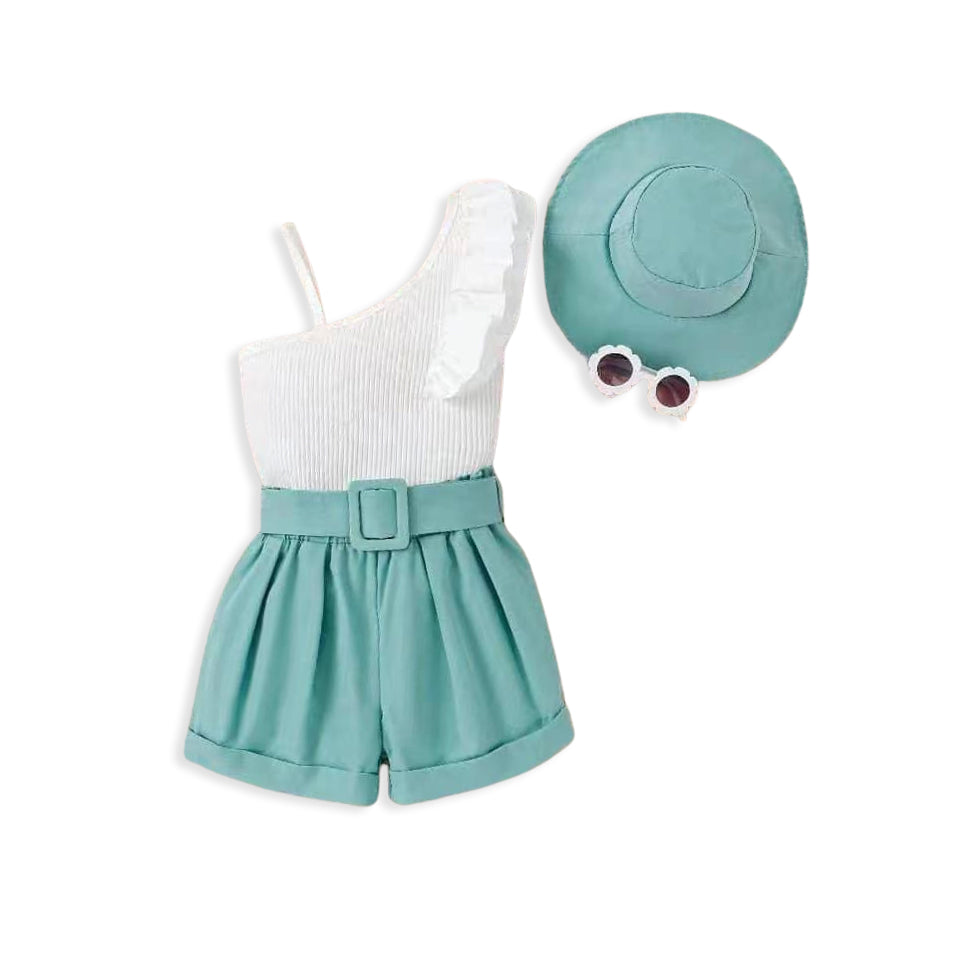 Girls Asymmetrical Neck Ruffle trim Top &amp; Belted Shorts &amp; Hat