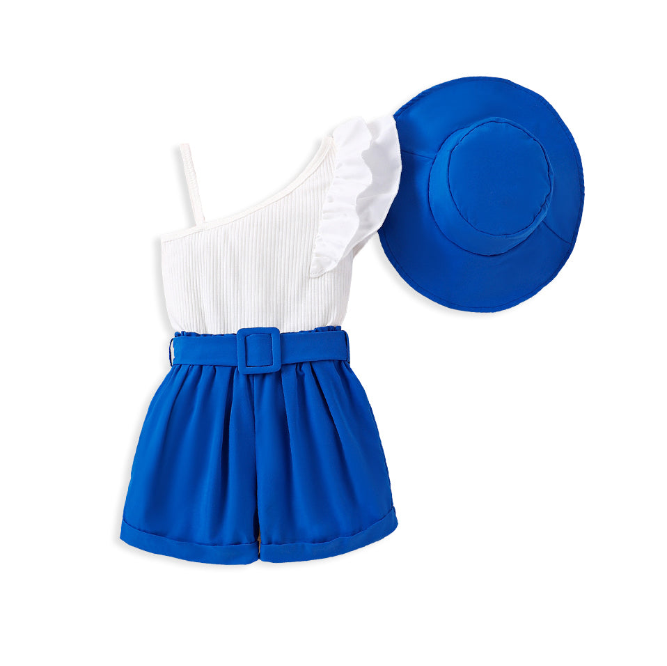 Girls Asymmetrical Neck Ruffle trim Top &amp; Belted Shorts &amp; Hat