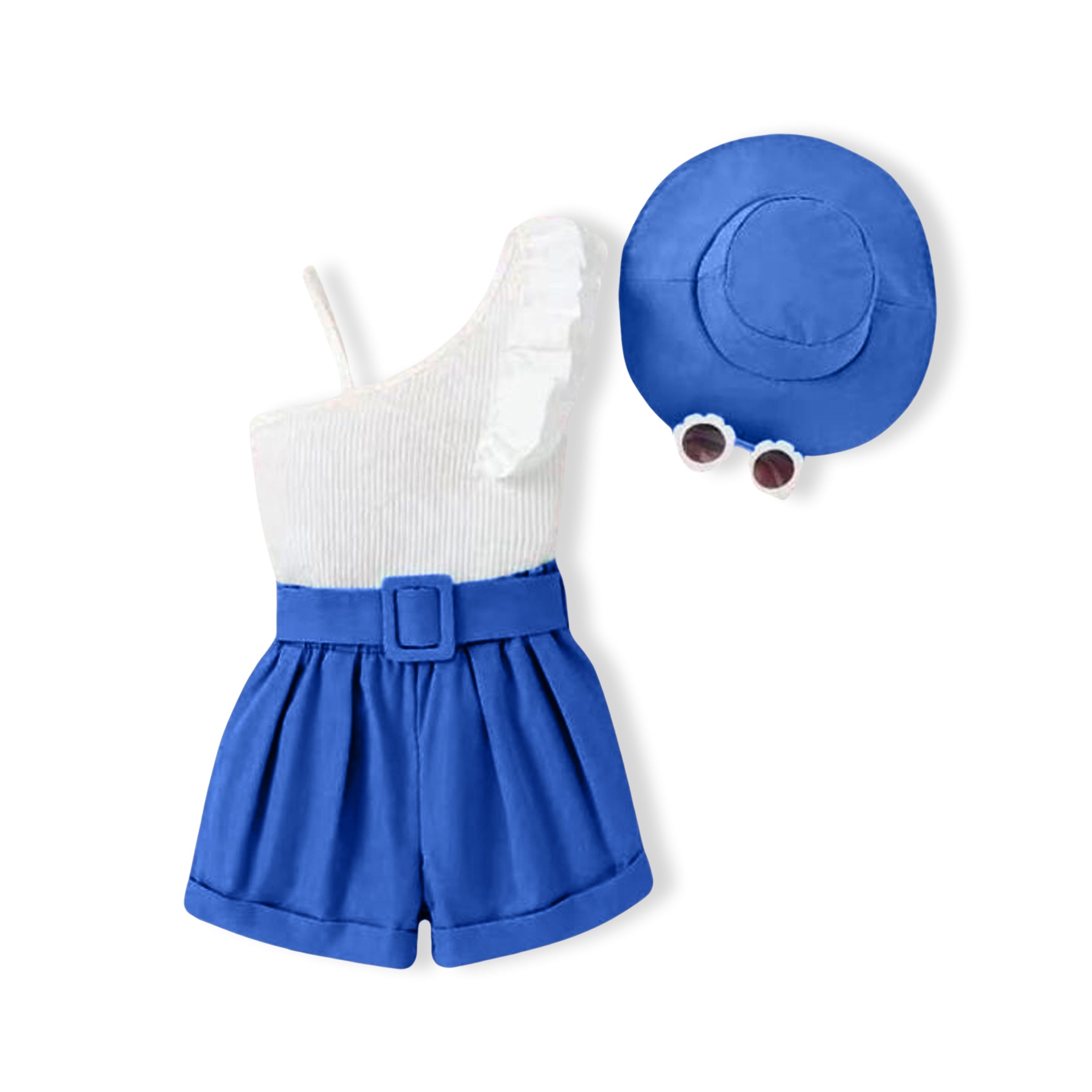 Girls Asymmetrical Neck Ruffle trim Top &amp; Belted Shorts &amp; Hat