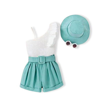 Girls Asymmetrical Neck Ruffle trim Top &amp; Belted Shorts &amp; Hat