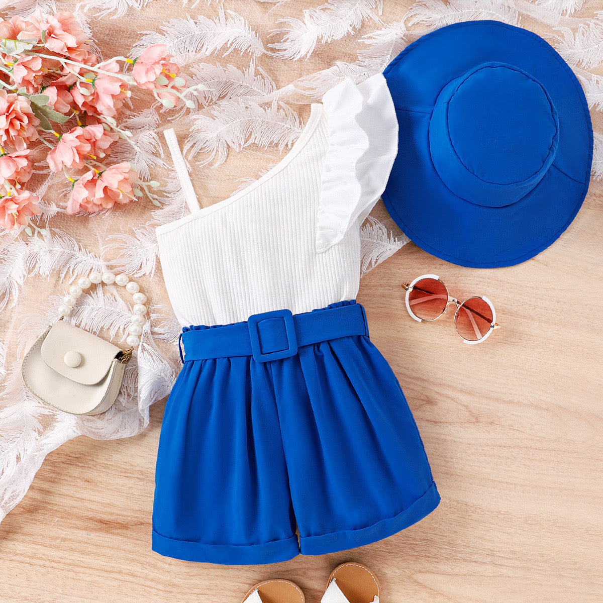 Girls Asymmetrical Neck Ruffle trim Top &amp; Belted Shorts &amp; Hat