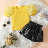 Girls Top & Faux Leather Shorts Set