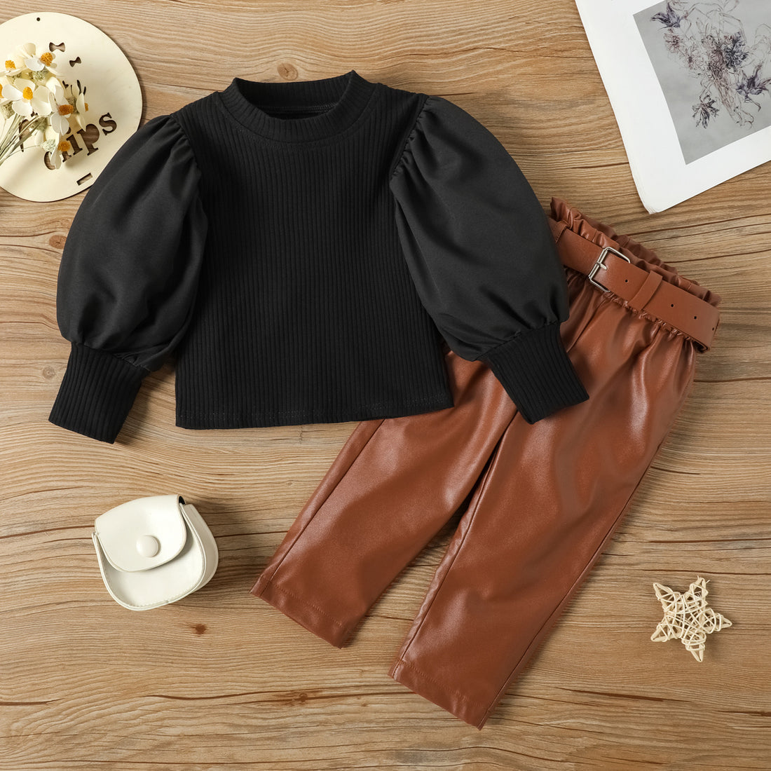 Girls Top with Faux Leather Trousers Set