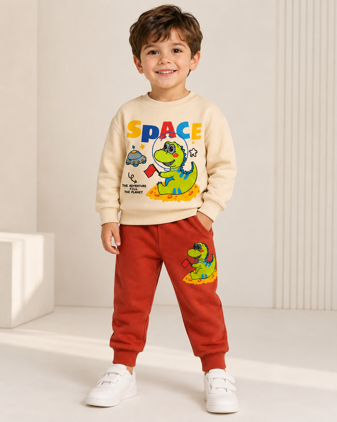 Baby Boys Space Dinosaur Printed Winter Suit Set | Sweatshirt &amp; Jogger Set | 0–24 Months