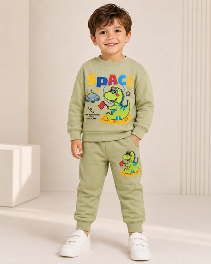 Baby Boys Space Dinosaur Printed Winter Suit Set | Sweatshirt &amp; Jogger Set | 0–24 Months