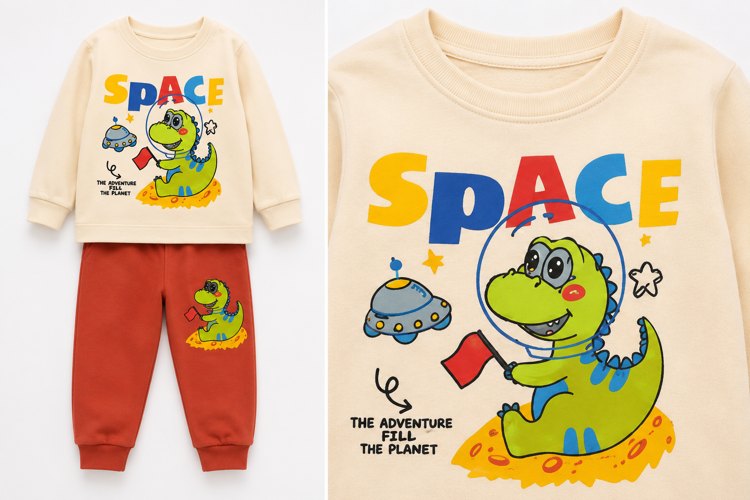 Baby Boys Space Dinosaur Printed Winter Suit Set | Sweatshirt &amp; Jogger Set | 0–24 Months