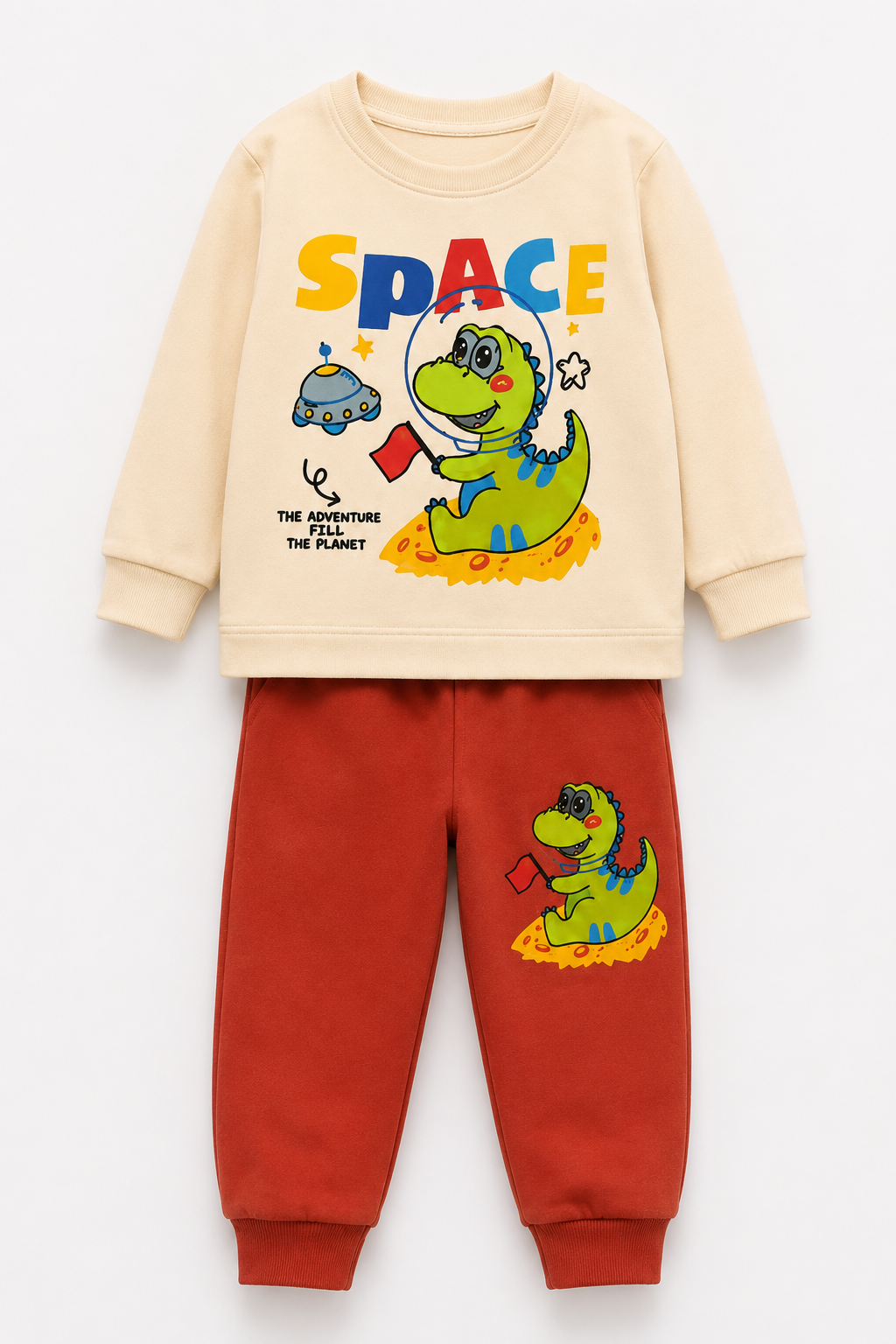 Baby Boys Space Dinosaur Printed Winter Suit Set | Sweatshirt &amp; Jogger Set | 0–24 Months