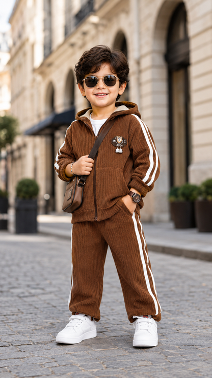 Premium Boys Brown Corduroy Hooded Tracksuit Set with Sporty Side Stripes