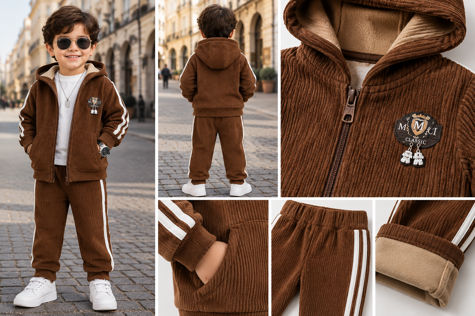 Premium Boys Brown Corduroy Hooded Tracksuit Set with Sporty Side Stripes