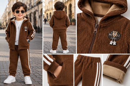 Premium Boys Brown Corduroy Hooded Tracksuit Set with Sporty Side Stripes