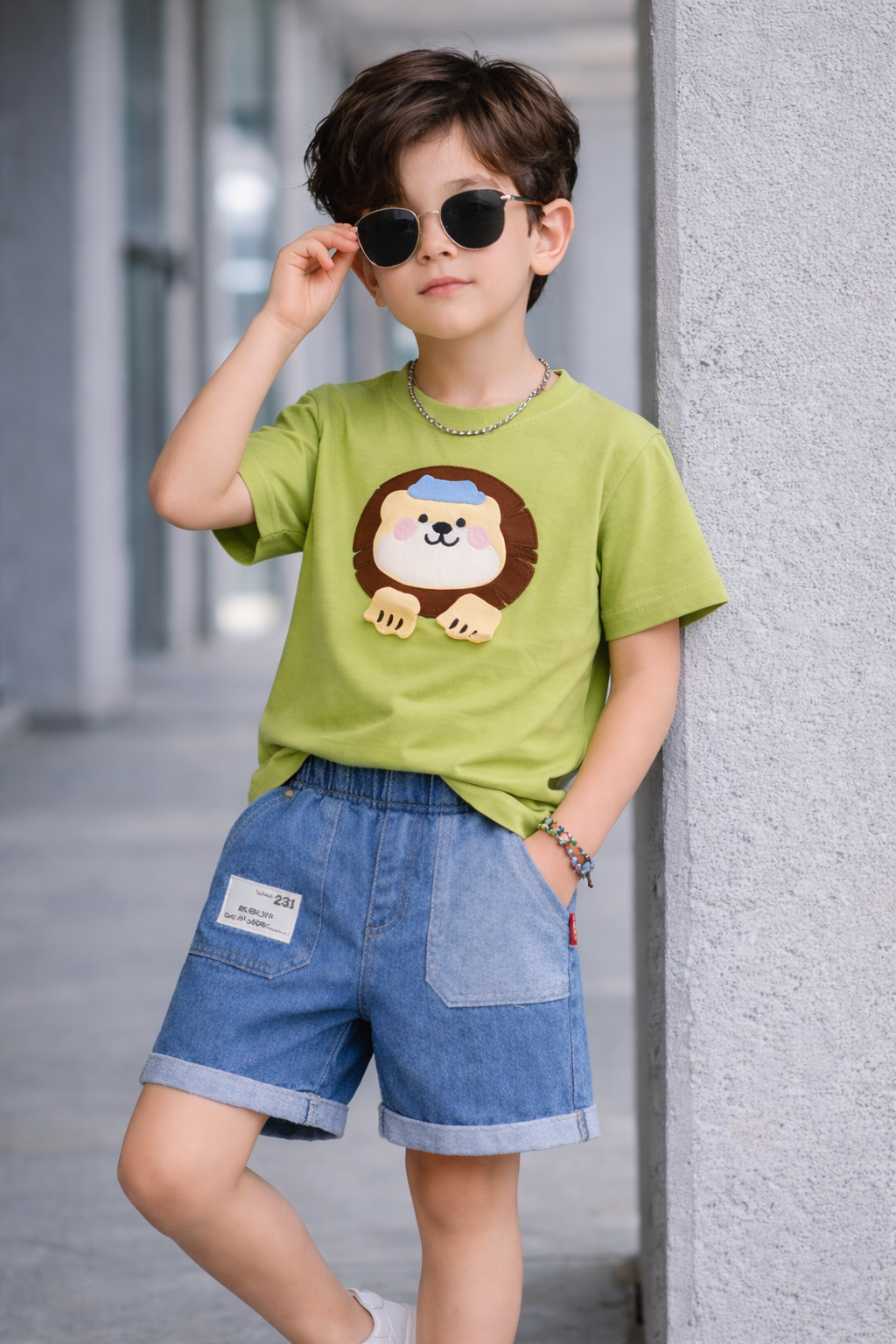 Boys Cute Lion Appliqué T-Shirt &amp; Denim Shorts Set