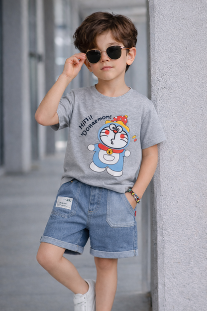 Boys Doraemon Cartoon Printed T-Shirt with Denim Shorts Set