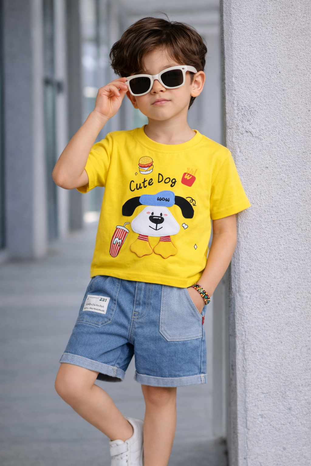 Baby Boys Cute Dog Printed T-Shirt with Denim Shorts Set-TLB2515