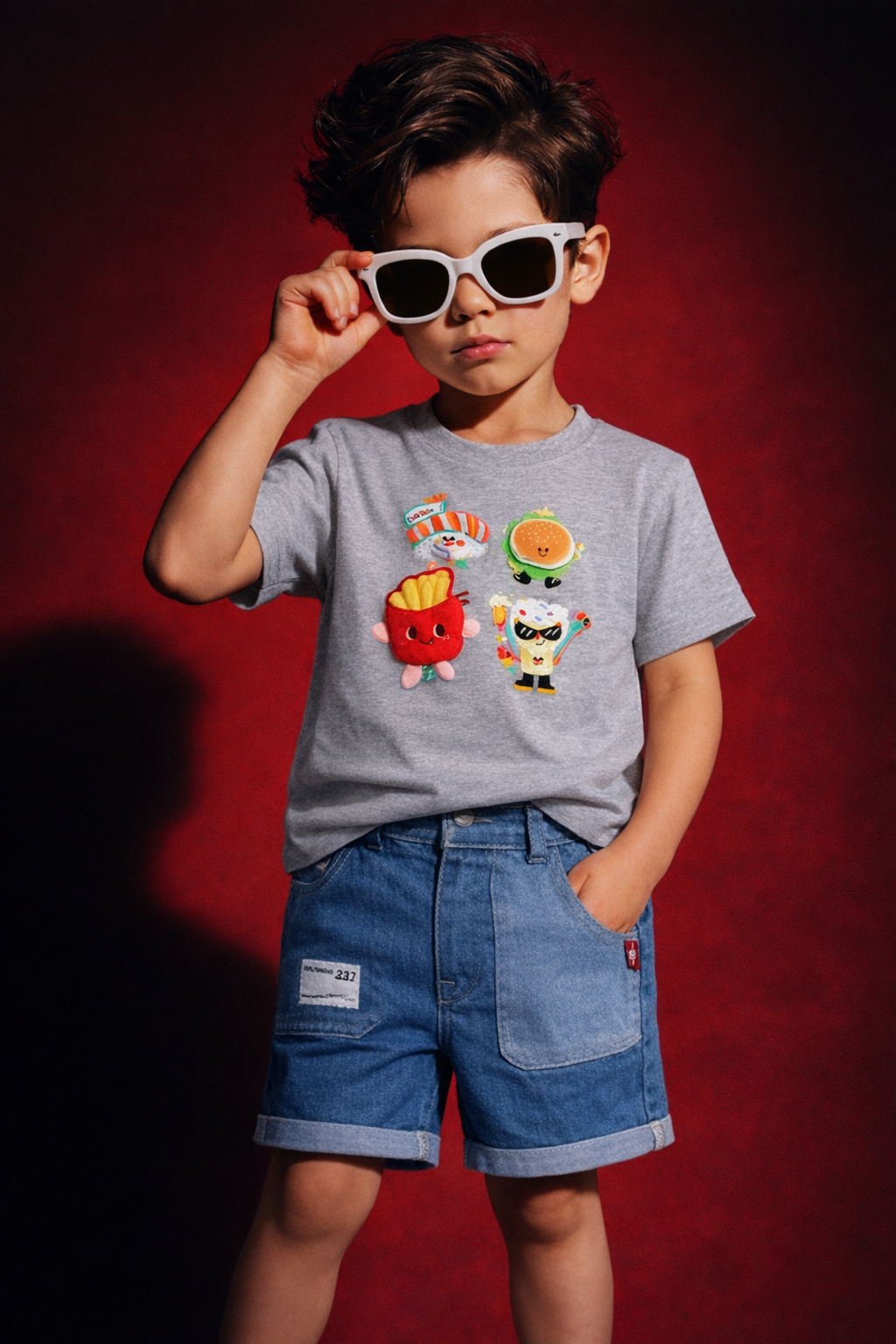 Boys Cute Food Cartoon Printed T-Shirt with Denim Shorts Set