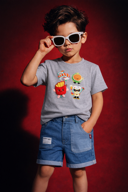 Boys Cute Food Cartoon Printed T-Shirt with Denim Shorts Set