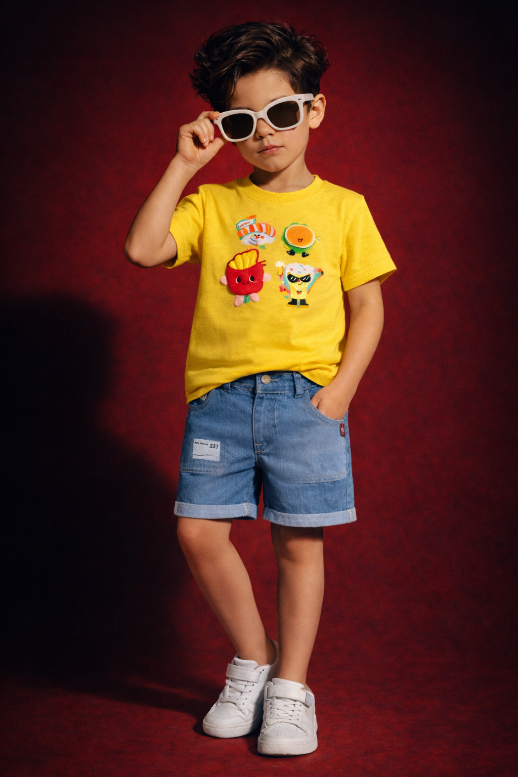 Boys Cute Food Cartoon Printed T-Shirt with Denim Shorts Set