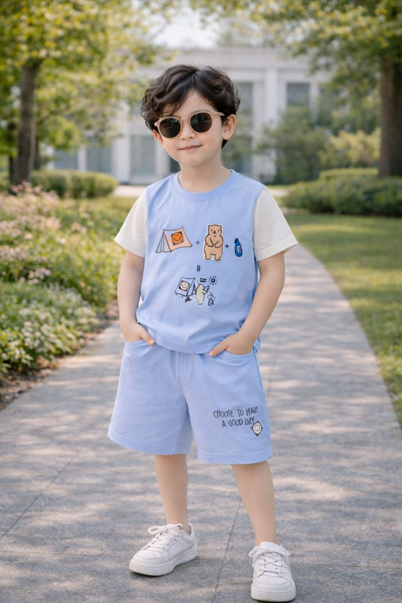 Kids Cotton Co-Ord Set with Bear Camping Graphic – Soft T-Shirt &amp; Shorts Outfit