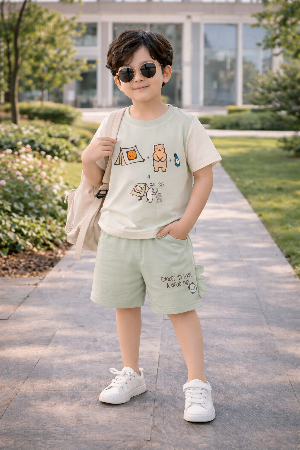 Kids Cotton Co-Ord Set with Bear Camping Graphic – Soft T-Shirt &amp; Shorts Outfit