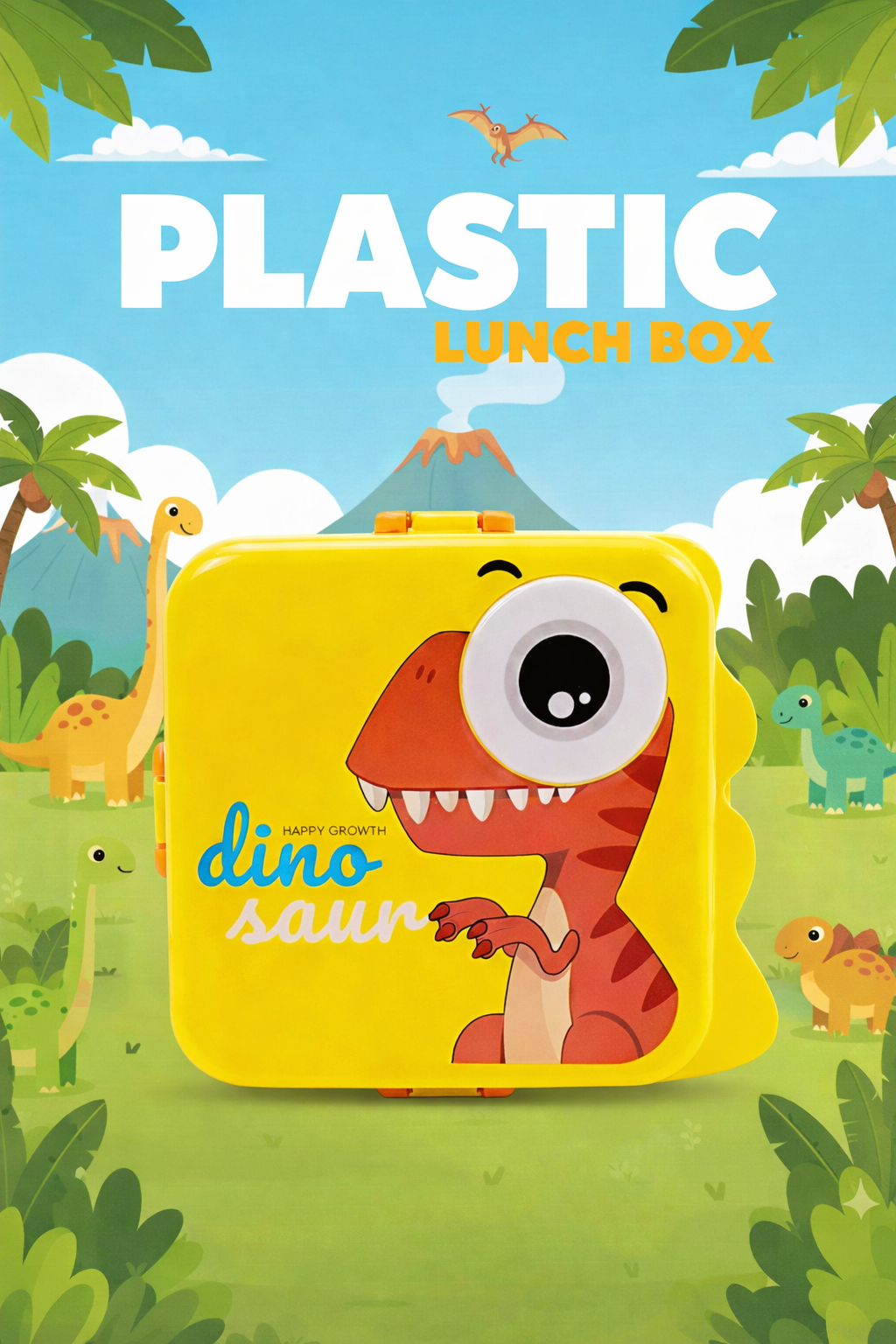 Kids Plastic Lunch Box with Cute Dinosaur Design and Secure Locking Lid