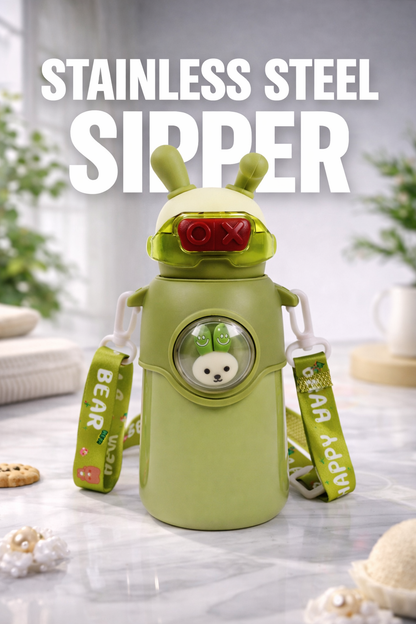 Bunny Stainless Steel Sipper Bottle for Kids | Cute Rabbit Design with Strap | Leak-Proof &amp; Durable